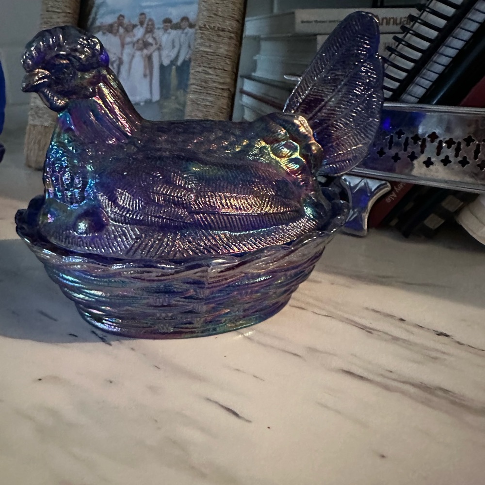 Iridescent Glass Hen on Nest Decorative Dish - Blue
